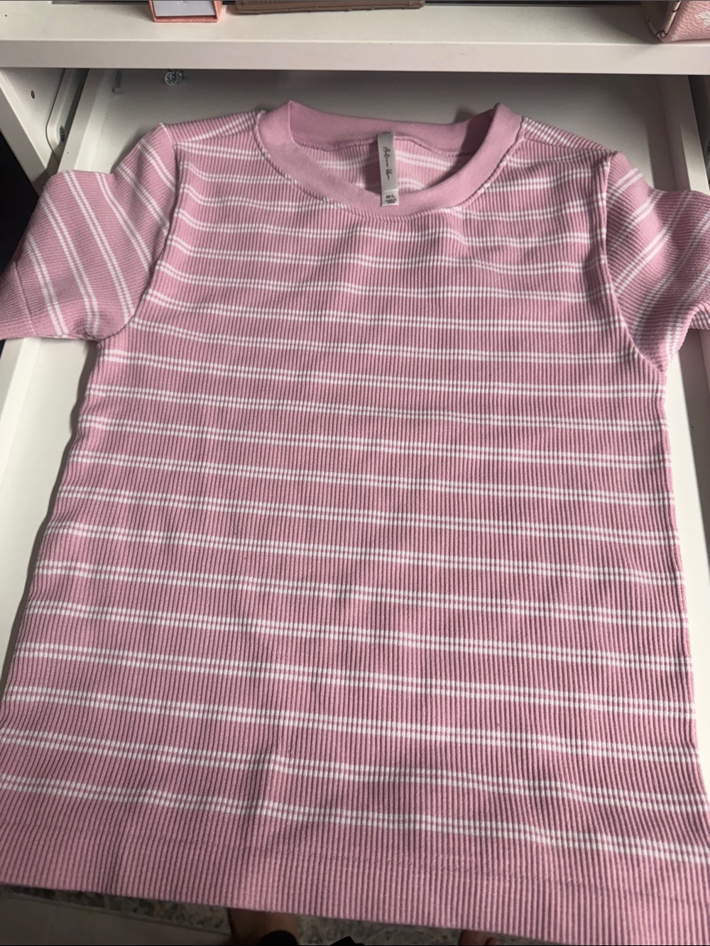 Active USA Pink & White Striped Ribbed Short Sleeve Tee